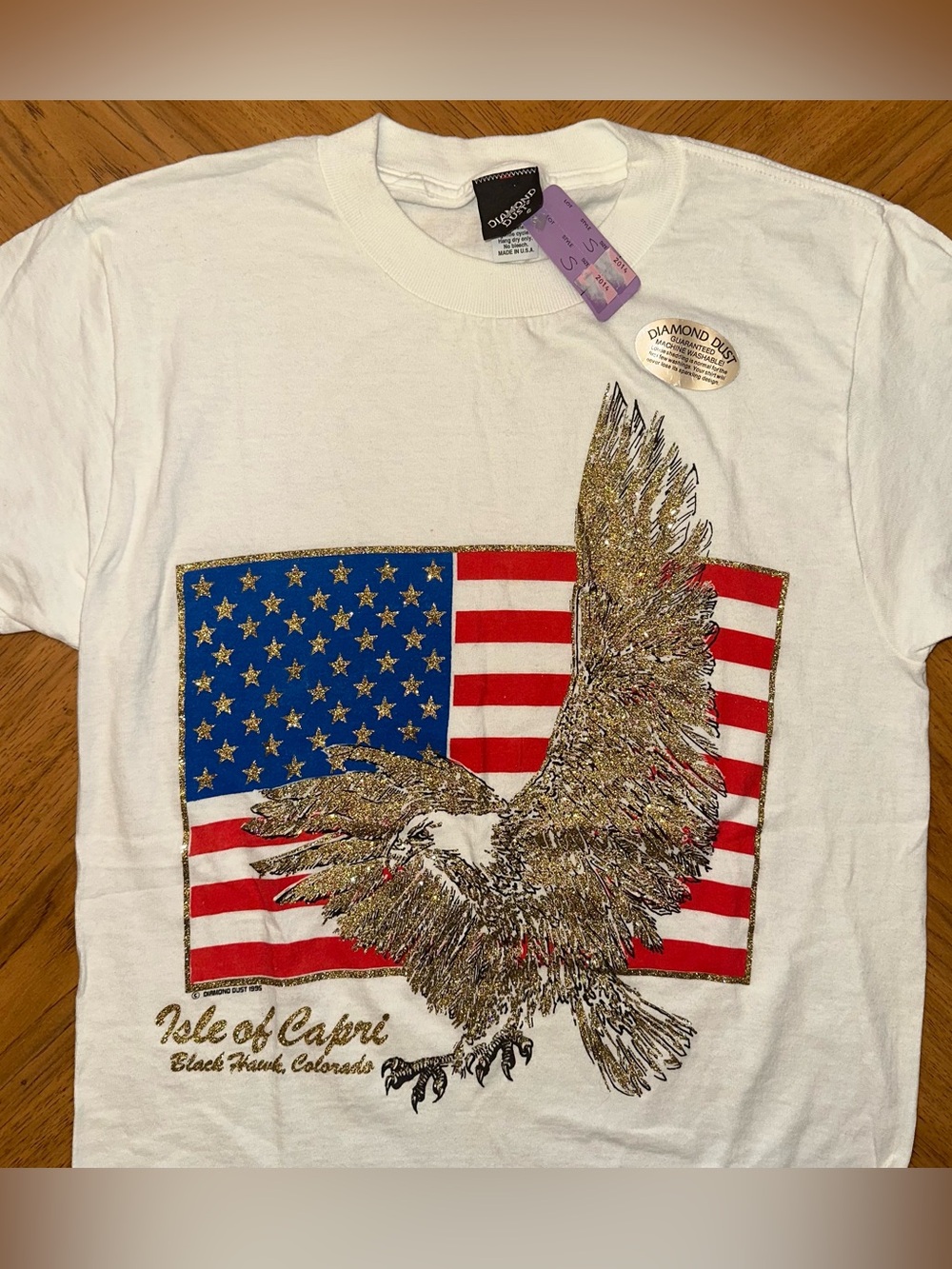 1995 Vintage Diamond Dust American Flag Bald Eagle Gold Glitter Shirt Size Small